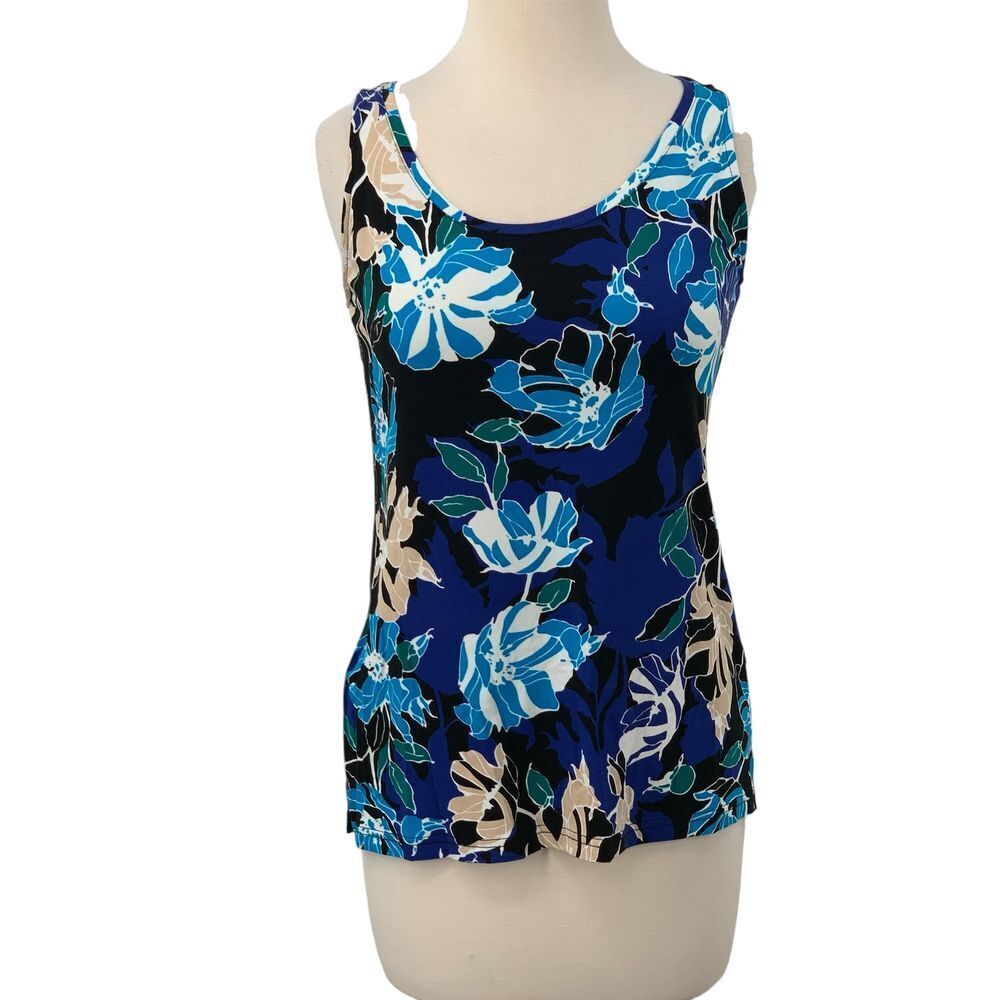 Chico's Women's Sleeveless Scoop Neck Tank Top Blue/Black Floral Size 00 (XS)‎